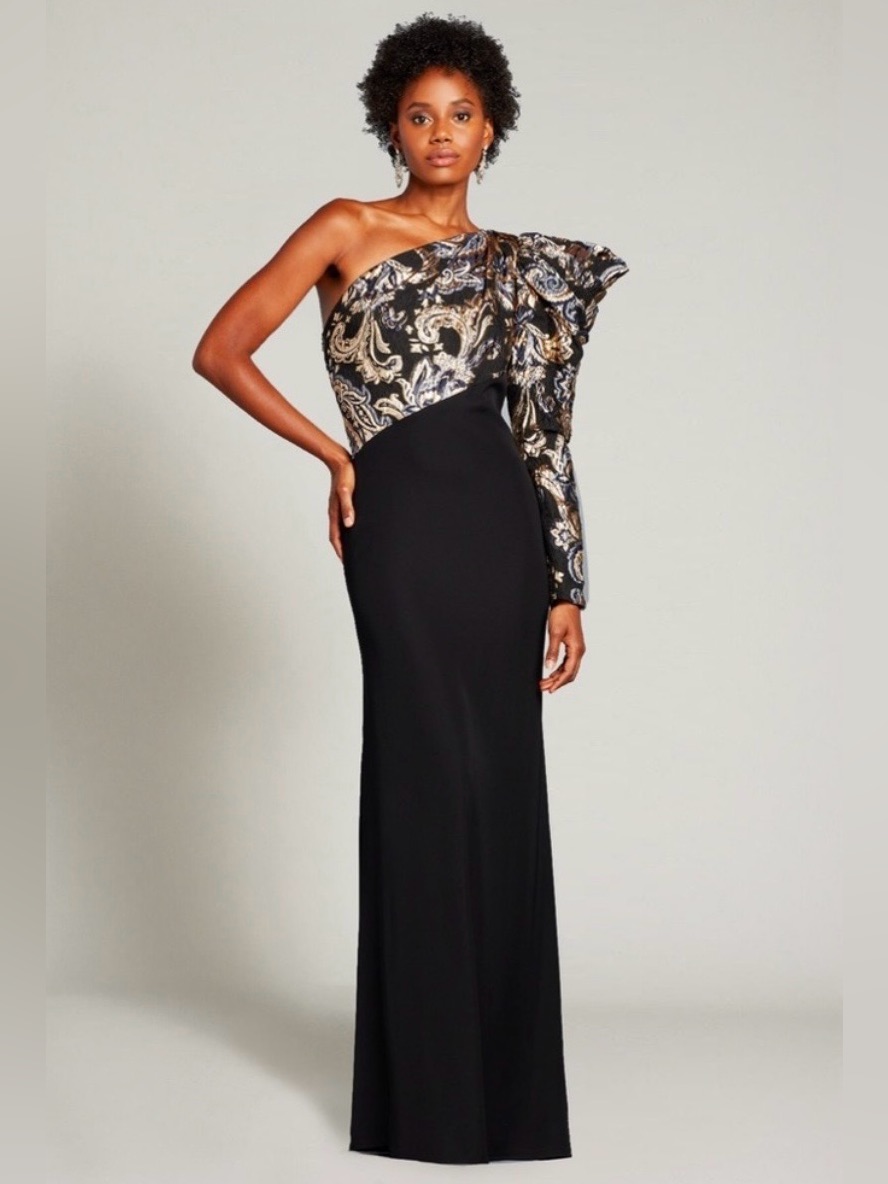 Tadashi Shoji Selim One-Shoulder Puff Sleeve Black & Metallic Jacquard Gown